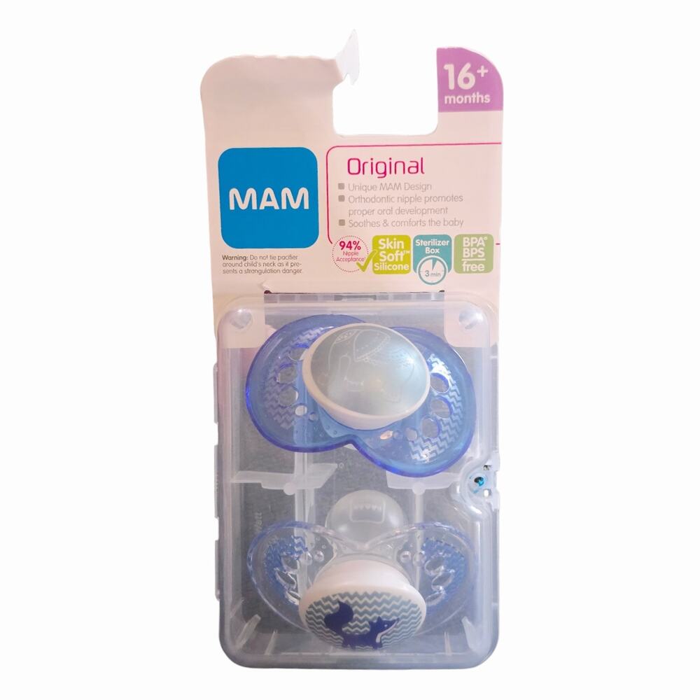 MAM Original Blue Elephant Fox Print Pacifiers Sterilizing Case 16+ Month 2 Pack